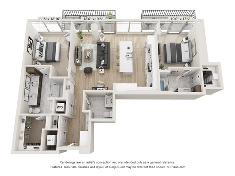 Floor plan for 2 beds, 2.5 baths, 1329 sqft